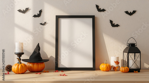 Halloween Mockup with Blank Vertical Picture Frame, Pumpkins, Witch Hat, and Bats on Wall