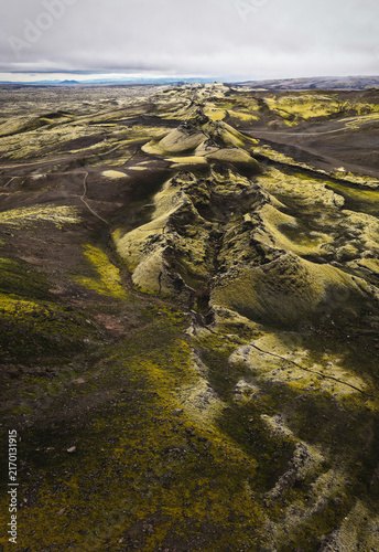 Принти на полотні Aerial view of moss-covered lava fields and cinder cones, Skaftarhreppur Iceland