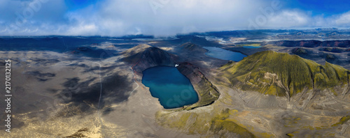Quadro su tela Aerial view of crater lake with moss-covered cone volcano, Rangarthing ytra Icel