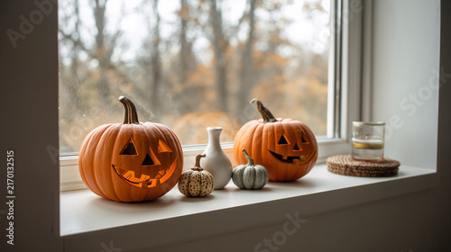 Cozy Halloween Windowsill Display with Glowing Jack-o'-lanterns and Autumn Decor