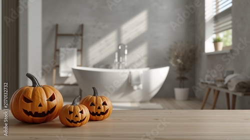 Halloween Bathroom Interior with Carved Jack-o'-lanterns on Wooden Surface