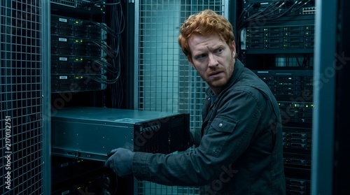 IT technician pulling server blade in data center