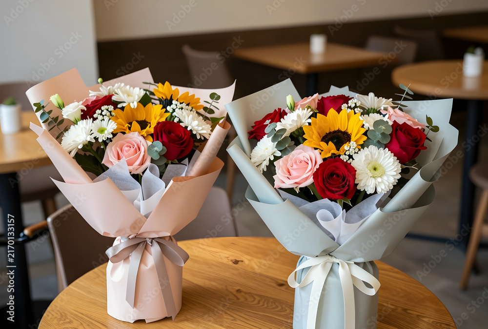 Obraz premium Flower delivery and special occasion gifts, two vibrant bouquets with roses and sunflowers on a wooden table