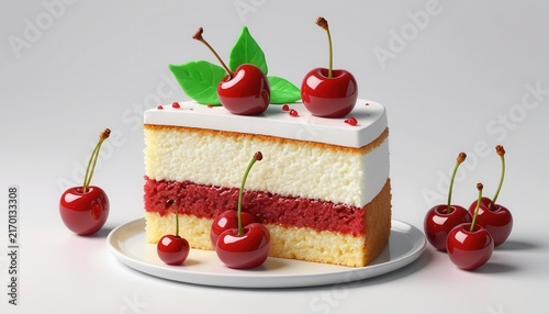 Delicious layered cake with cherry topping and fresh leaves on white background