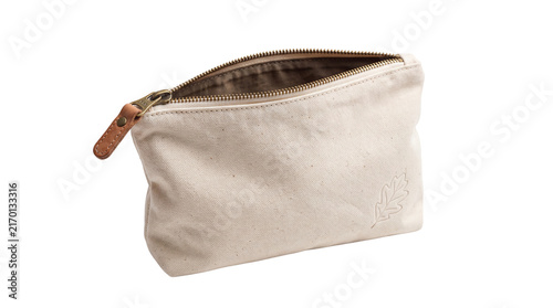 Canvas makeup bag with leather zipper pull, beige cotton cosmetic pouch, minimalist fabric toiletry organizer for travel and beauty storage isolated PNG with Transparent Background