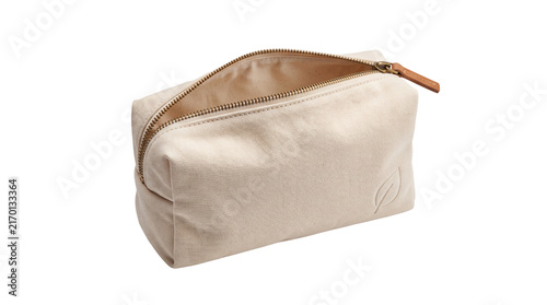 Minimalist canvas cosmetic bag with zipper, beige cotton toiletry pouch for travel, eco-friendly fabric makeup organizer with leaf logo isolated PNG with Transparent Background
