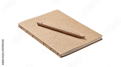Eco-friendly recycled paper notebook with matching pen. Brown kraft paper sketchbook for creative journaling. Sustainable office stationery set. isolated PNG with Transparent Background