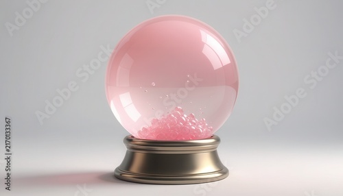 Pink glass snow globe with decorative snow on a metallic base on white background