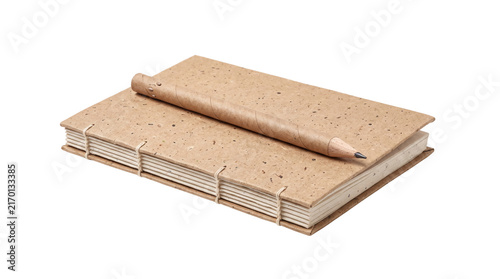 Eco-friendly recycled paper notebook with pencil, sustainable kraft paper sketchbook, minimalist organic stationery for journaling and sketching isolated PNG with Transparent Background