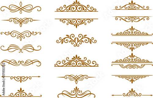 Gold calligraphic ornamental dividers vector set featuring luxury vintage flourishes and borders