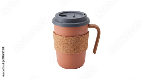 Reusable terracotta travel mug with cork sleeve, eco-friendly coffee cup with handle and lid, sustainable drinkware for commuting isolated PNG with Transparent Background