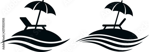 Summer vacation resort logo design showing sunbed umbrella and sea wave silhouette