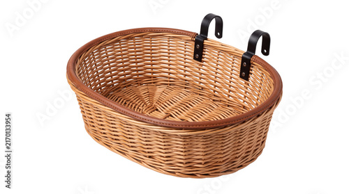 Vintage wicker bicycle basket with metal hooks, rustic woven rattan bike carrier, brown willow storage for cycling and shopping isolated PNG with Transparent Background