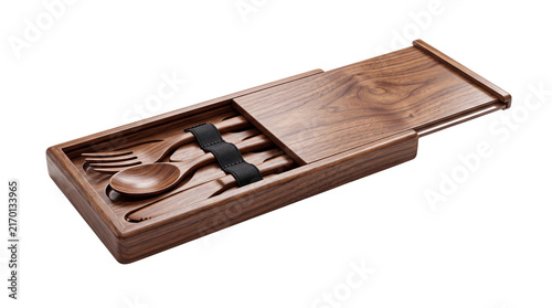 Sustainable wooden cutlery set in walnut storage box. Eco-friendly reusable bamboo spoon, fork, and knife. Zero waste travel utensils. isolated PNG with Transparent Background