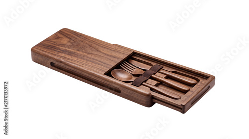 Handcrafted wooden cutlery set in sliding storage box. Sustainable walnut wood spoon, fork, and knife. Eco-friendly reusable travel utensils. isolated PNG with Transparent Background