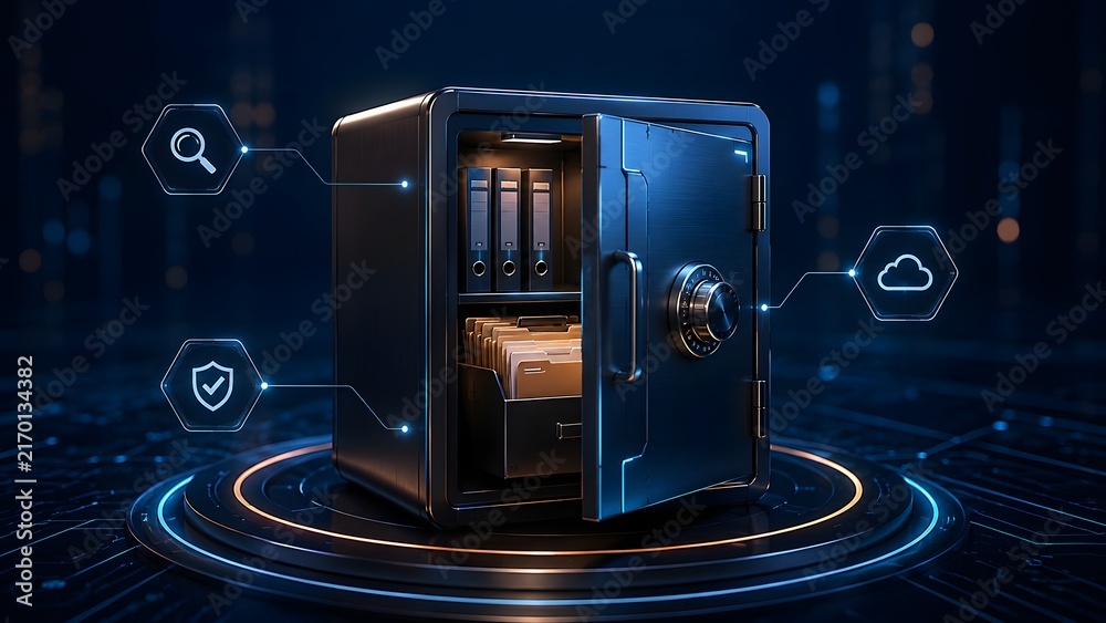 Naklejka premium Open Metallic Safe with Document Folders and Glowing Holographic Security Icons for Secure Data Storage Concept