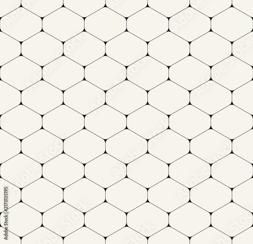 Vector seamless pattern featuring a modern geometric design of simple linear hexagons connected by triple nodes. This repeating abstract background creates a clean, structured aesthetic.