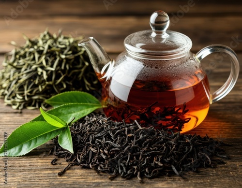 Glass teapot filled with brewed tea beside loose black tea leaves and fresh green tea leaves on a rustic wooden surface