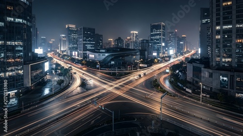 Wide city crossroad with modern architecture and traffic light streaks at night