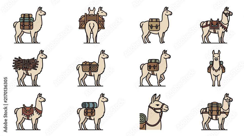 Naklejka premium Llama and alpaca character icons carrying various loads.