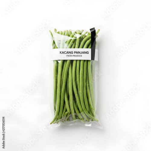 Fresh long beans packaged in a clear plastic bag with a 