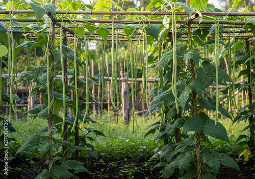 Fresh green long beans or yardlong beans hanging on a bamboo trellis in a lush organic vegetable garden.