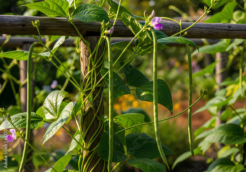 Fresh yardlong beans or asparagus beans hanging from a climbing vine on a wooden trellis in a sunny vegetable garden.