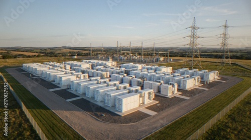 Obraz na płótnie An aerial view of a large-scale industrial battery energy storage system facility at dusk with power transmission pylons in the background