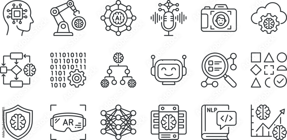Fototapeta premium Artificial intelligence and machine learning line icons set featuring neural networks robotics and automation