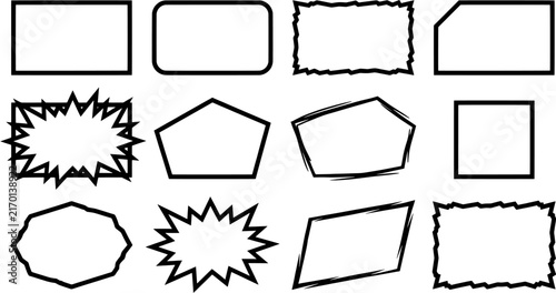 Geometric frame and badge icon set in a flat black outline style including rectangles, starbursts, polygons and jagged edges. Editable vector illustration on white background.