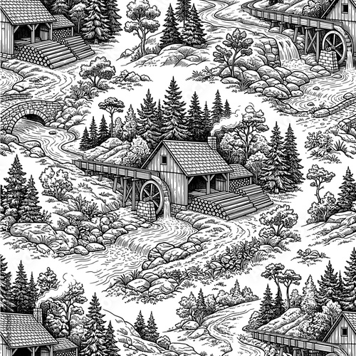 Seamless pattern with rustic water mills and pine forests. Engraved style illustration including flowing rivers, stone bridges, stacked logs and woodland scenery.