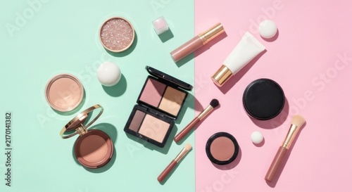 Makeup products laid out on pink and teal backdrop