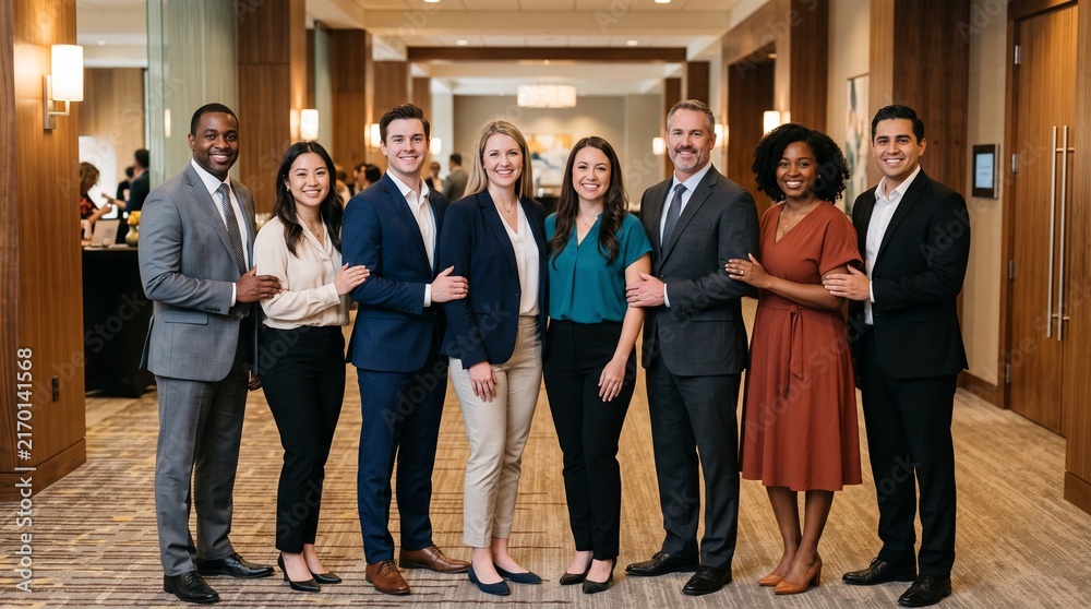 Fototapeta premium Diverse group of professionals in business attire posing together in a modern conference setting