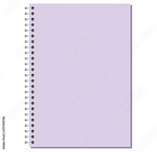 Lavender A4 portrait spiral page has black side coils, blank rectangular sheet, clean surface, and gray offset shadow. Useful for sketching, classwork, project planning, or editable layouts