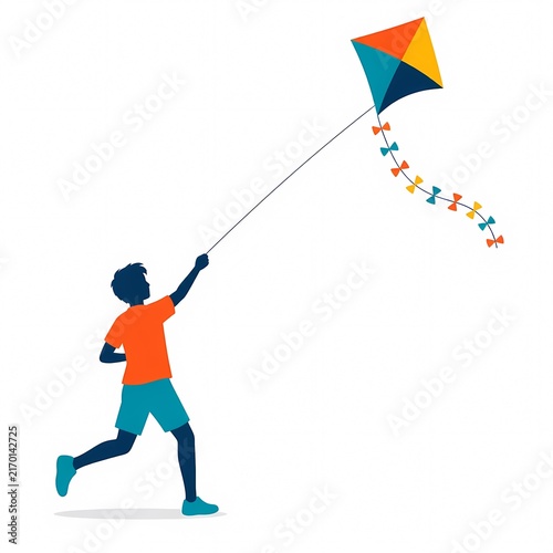 Flat vector illustration of a faceless boy silhouette running and flying a colorful kite