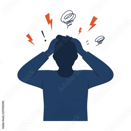 Flat vector illustration of a stressed faceless silhouette figure with symbols of mental pressure.