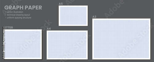 Set of four blue grid graph templates labeled Letter, A5, A4 and A3 arranged on dark grey backdrop. Useful for printable technical catalogs, office drafting kits or school worksheet size guides