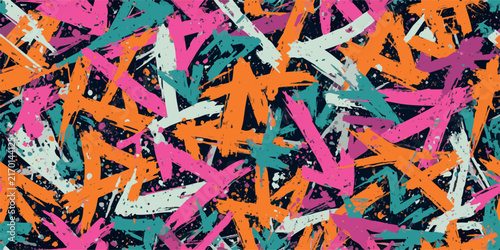 Modern urban graffiti seamless pattern with colorful vector brushstroke arrows and paint splashes