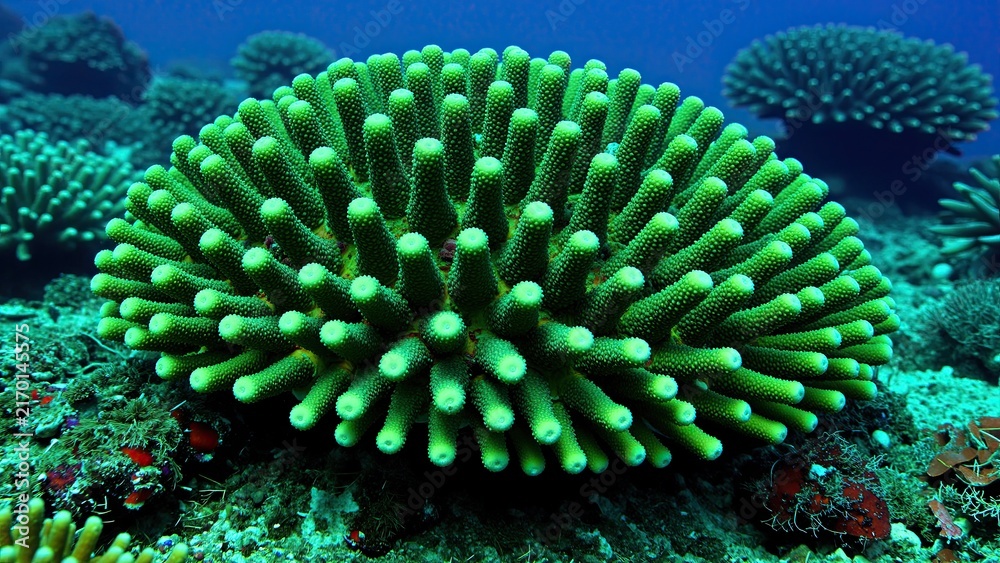 Obraz premium Close-up of a vibrant green coral underwater with other corals in the background, showcasing marine biodiversity and natural ocean habitat