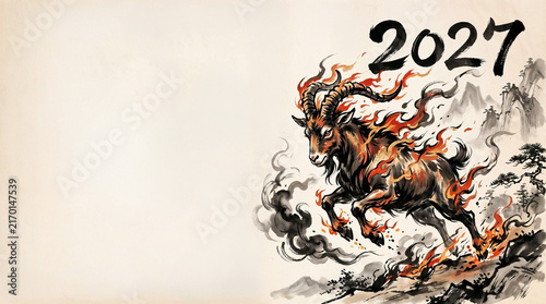 Year of the Goat 2027 dramatic traditional ink illustration of a powerful zodiac goat with fiery accents and mountain scenery on a light background with copy space