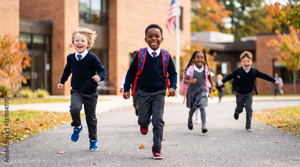 Fototapeta premium Commercial back-to-school stock photo of happy, energetic young elementary students in school uniforms running excitedly outside a modern school building.