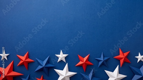 Patriotic red white and blue paper stars on blue background