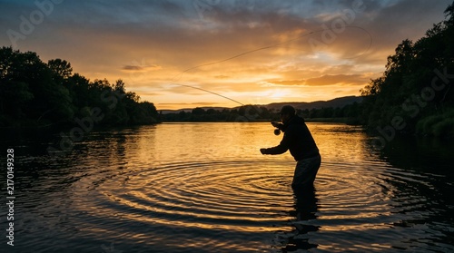 Person casting fishing line into calm lake at golden hour sunset with serene ripples and forested background
