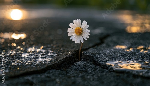 A solitary white daisy with a bright yellow center grows through a crack in wet asphalt, backlit by golden sunlight at dawn
