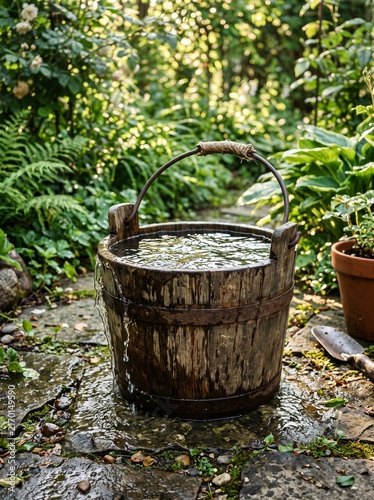 Rustic wooden bucket with water spout in lush green forest garden under soft natural light