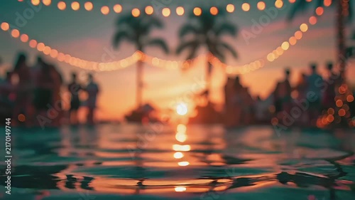 Summer hot vibe lifestyle. A vibrant, sunsetthemed photograph captures a serene beach scene. The main subject is a tranquil body of water reflecting the warm, golden hues of the setting sun.