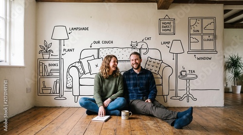 Couple sitting on floor in minimalist living room with hand-drawn wall mural and cozy modern decor