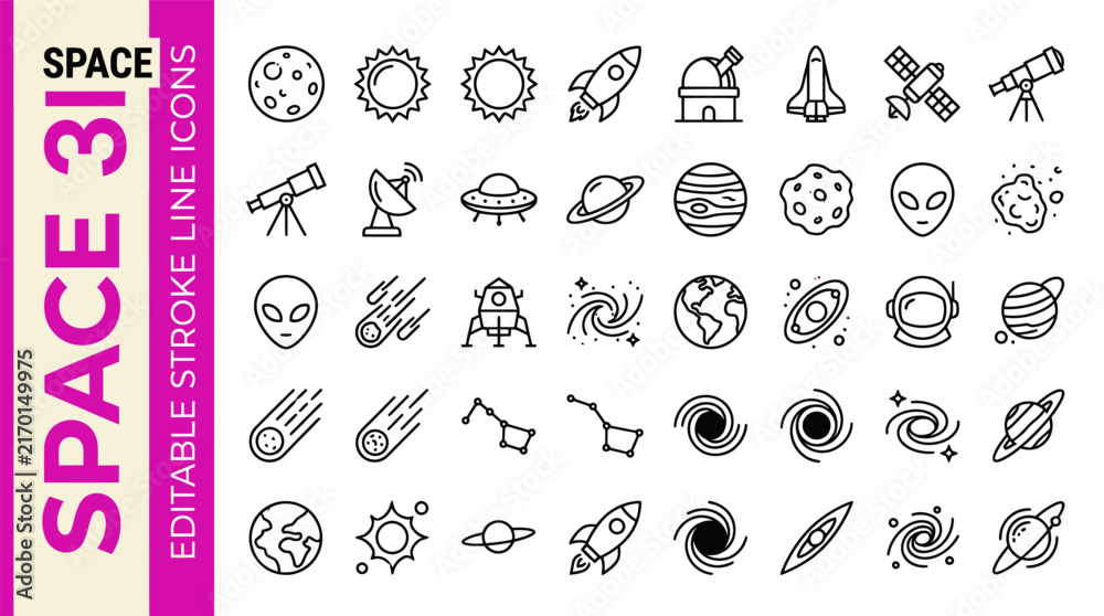 Obraz premium Collection of 36 space and astronomy line icons featuring planets and rockets.