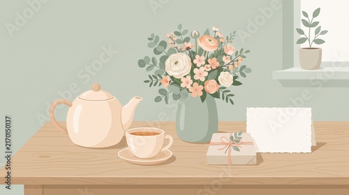 Scandinavian Mother's Day flat illustration featuring tea, flowers, blank greeting card and gift, creating a warm concept of relaxation, affection and appreciation.
