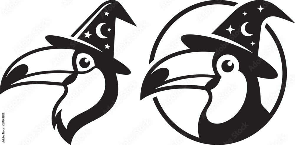 Naklejka premium Toucan bird wearing a wizard hat with stars and moon illustration silhouette design silhouette witchcraft halloween illustration wildlife